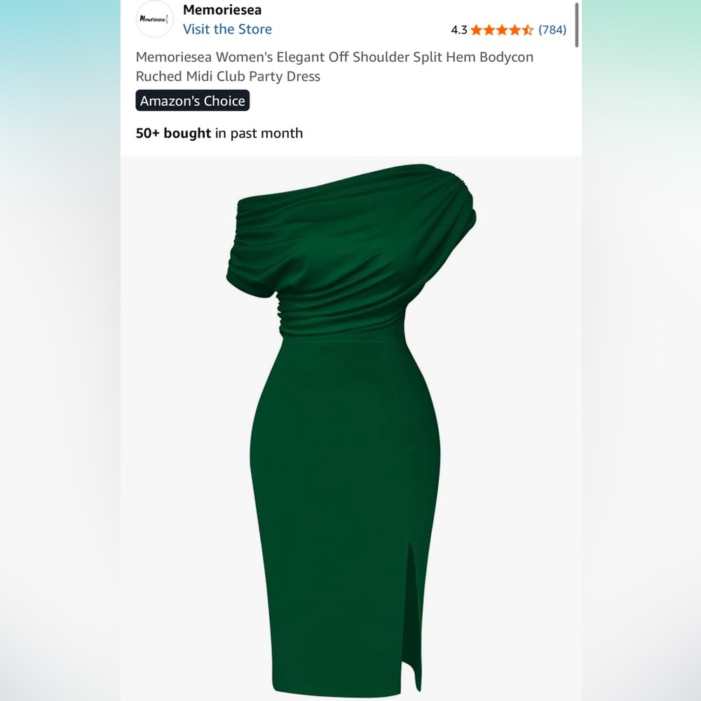 Women's Elegant Off Shoulder Green Dress from Amazon, size medium